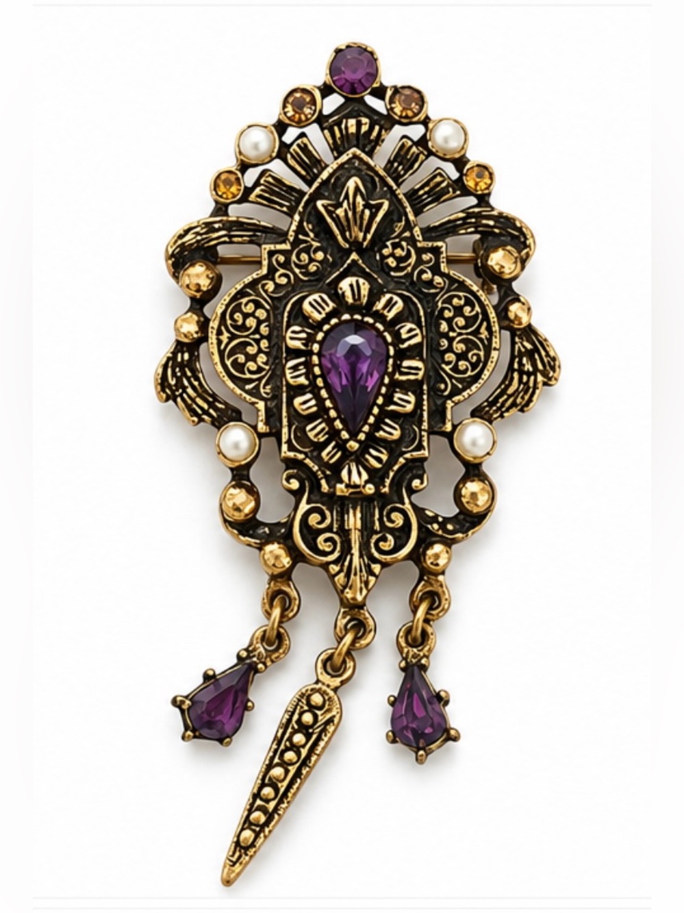 VINTAGE VICTORIAN REVIVAL BROOCH PIN
FAUX AMETHYST, PEARLS & DANGLES